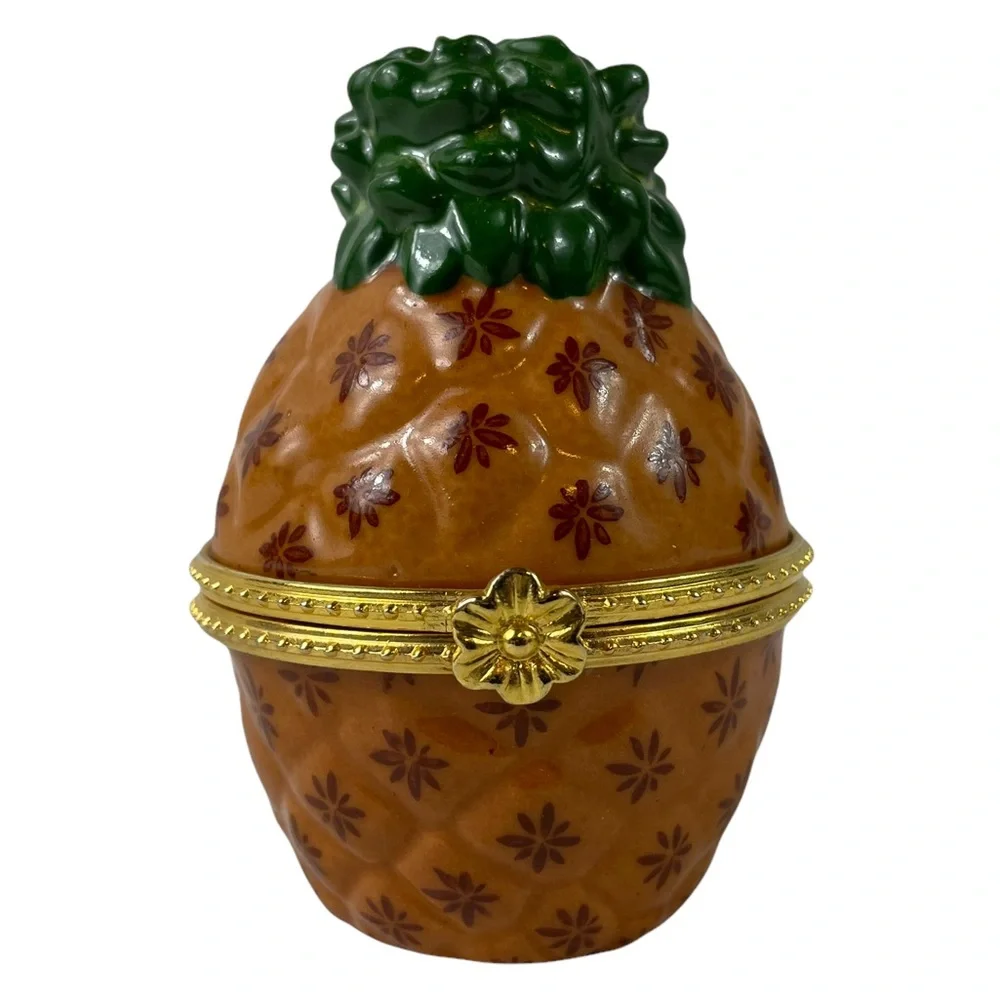Vintage Limoges Unique Ceramic Pineapple Pill Ring Box Hand Painted Tropical VTG